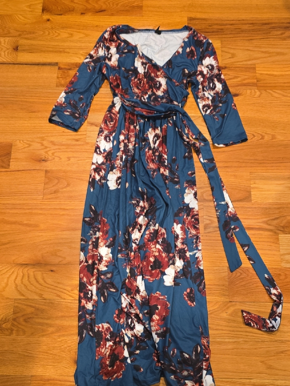 Teal Floral Wrap Maxi Dress with Burgundy & Cream Blooms